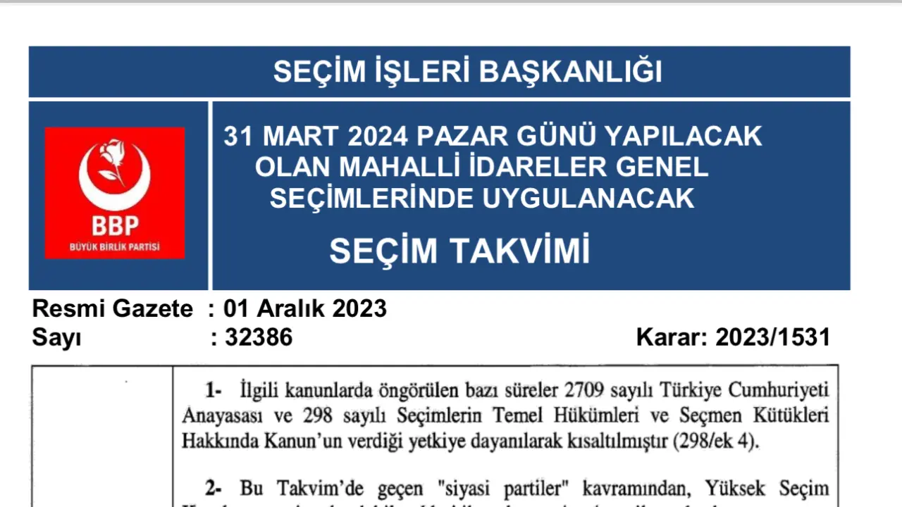 31 MART 2024 PAZAR GÜNÜ YAPILACAK OLAN MAHALLİ İDARELER GENEL SEÇİMLERİNDE UYGULANACAK SEÇİM TAKVİMİ